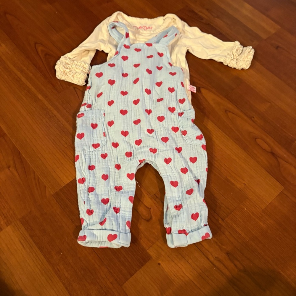 Ruffle Butts onesie and heart overalls 3-6 months